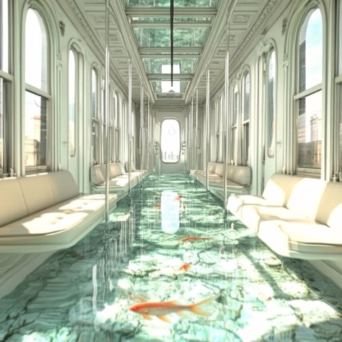 Train Carriage Interior with Water and Sunlit Reflections