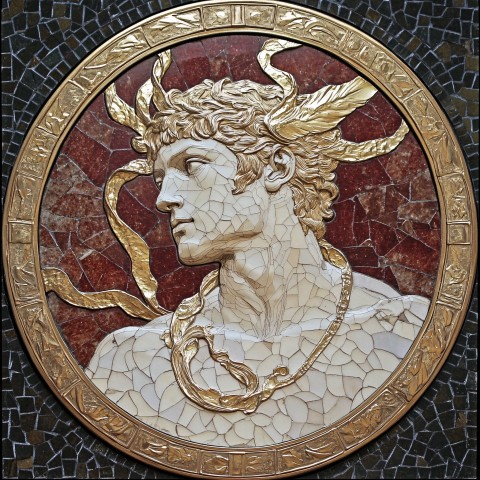 Roman God Pluto Medallion in Art Nouveau Mosaic