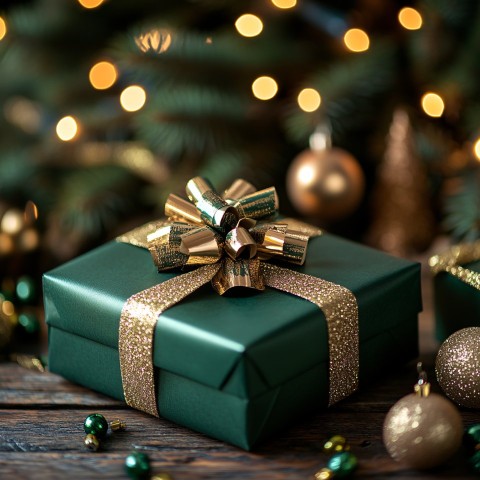 Christmas Gift Box with Ribbon on Wooden Table