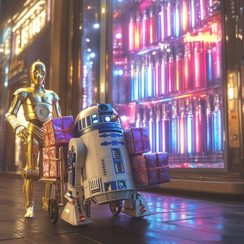 R2-D2 Pulling Festive Cart Past Lightsaber Display