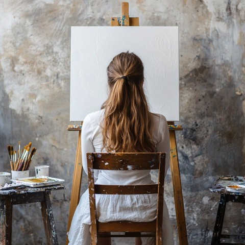 Girl Sitting with Blank Canvas and Art Tools