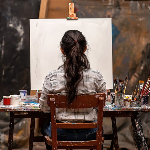 Woman Sitting with Canvas and Painting Tools