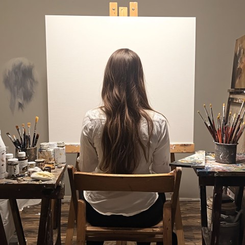 Girl Sitting at Easel with Painting Tools