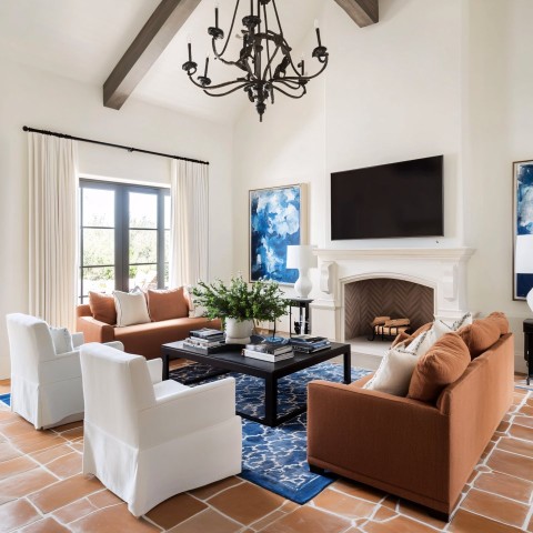 Elegant Living Room with Clay Tile Flooring