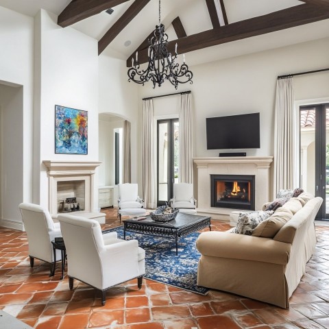 Living Room with Terracotta Tiles and Brown Sofas