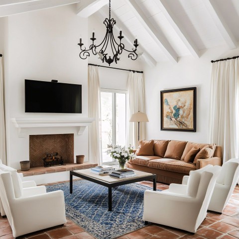 Living Room with Terracotta Tile and Brown Sofas