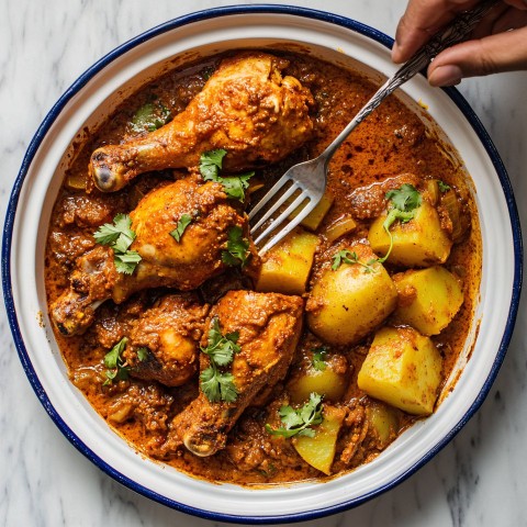 Spiced Chicken and Potatoes in Enamel Dish