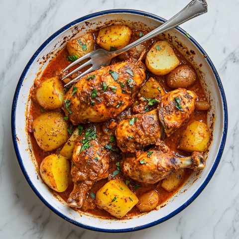 Spiced Chicken and Potatoes in Enamel Dish on Marble