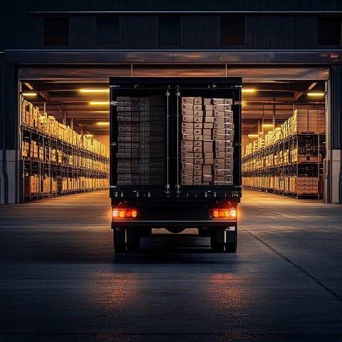 Black Truck Parked at Warehouse with Open Compartment