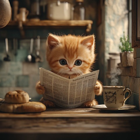 Cat Reading Newspaper and Drinking Coffee in Kitchen