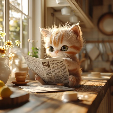 Cat Reading Newspaper and Drinking Coffee in Kitchen