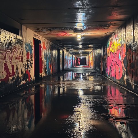 Dystopian underground walkway with graffiti and lone figure