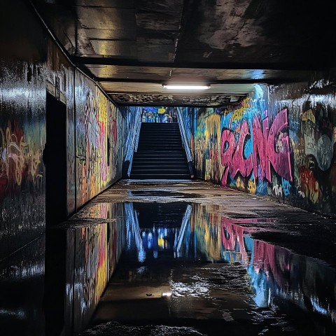 Dystopian underground walkway with graffiti and lone figure