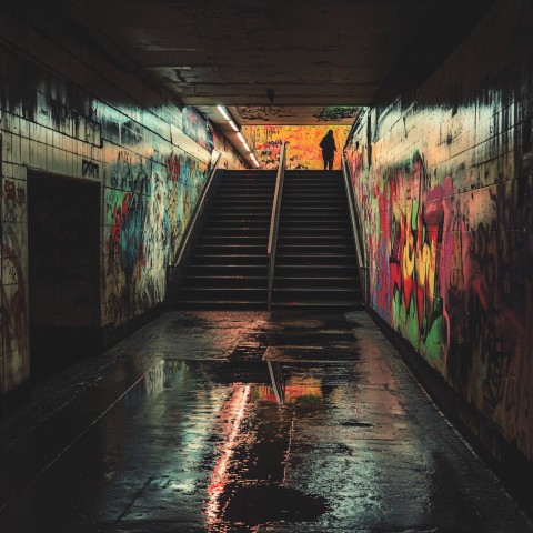 Dystopian underground walkway with colorful graffiti and lone figure