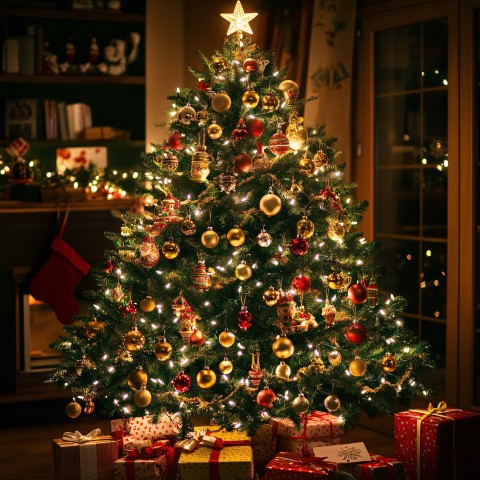 Beautifully decorated Christmas tree with golden and red baubles