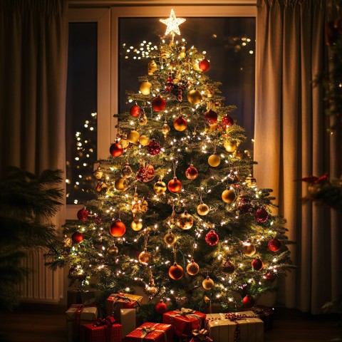 Beautifully decorated Christmas tree with classic holiday ornaments