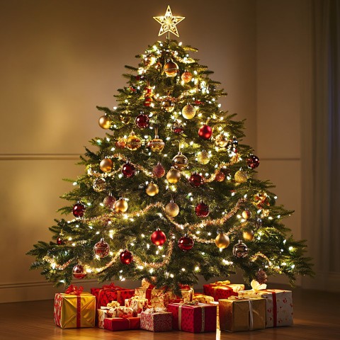 Beautiful Christmas tree with golden baubles and wrapped presents