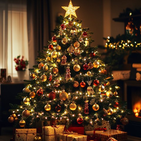 Beautifully decorated Christmas tree with golden and red ornaments