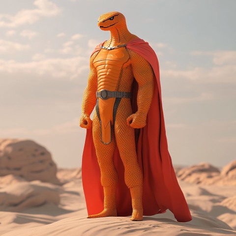 Neon orange cobra soldier with red cape in desert