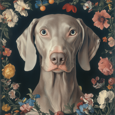 Elegant Weimaraner Dog Framed by Vibrant Floral Border