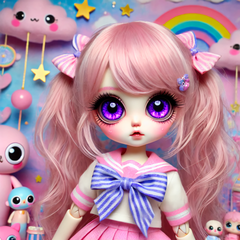 Kawaii Anime Doll with Vibrant Purple Eyes and Pink Pigtails