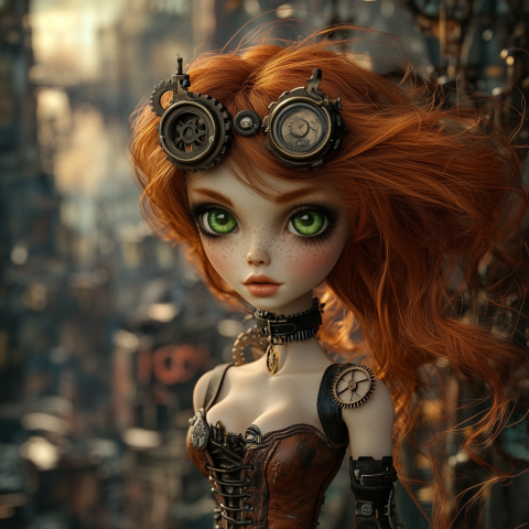 Steampunk Doll with Fiery Red Hair and Green Eyes in an Industrial Setting