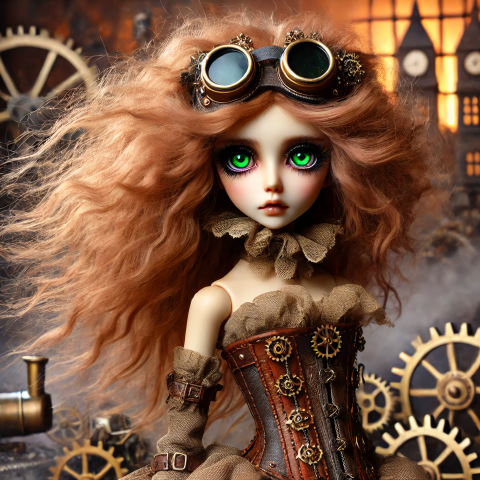 Steampunk Doll with Fiery Red Hair and Mesmerizing Green Eyes in a Gear-Filled Industrial Setting