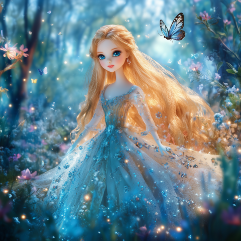 Enchanting Fairy Tale Doll in a Magical Forest with Glowing Butterflies