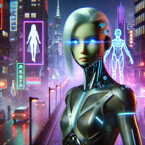 Futuristic Cyberpunk Doll with Neon-Lit Eyes in a High-Tech Cityscape