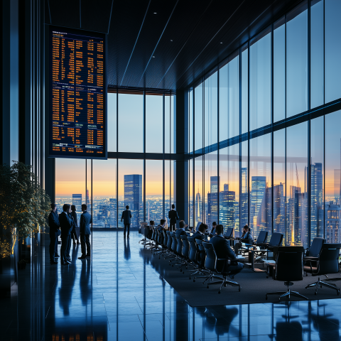 Modern Business Meeting in High-Rise Office with City Skyline View