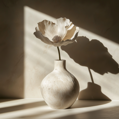 Elegant Ceramic Vase with Minimalistic Flower in Soft Lighting