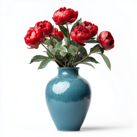 Elegant Red Peonies in a Teal Ceramic Vase