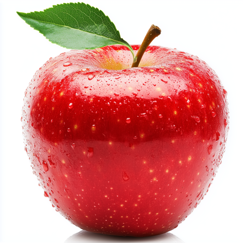 Fresh Red Apple with Water Droplets on White Background