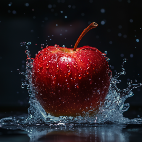 Red Apple Splashing in Water with Dark Background