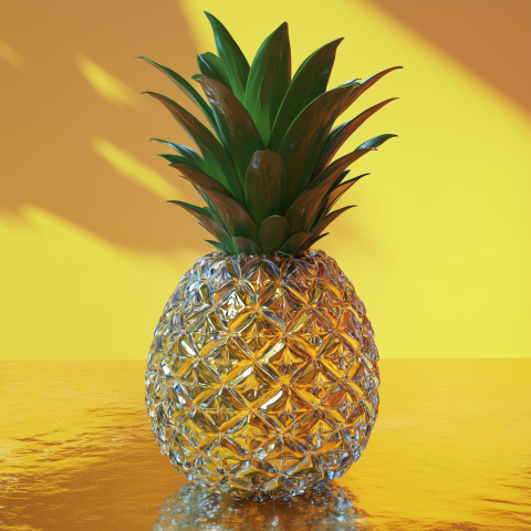 Golden Glass Pineapple on Reflective Surface with Yellow Background