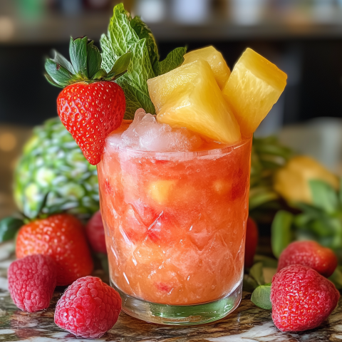 Tropical Fruit Cocktail with Pineapple, Strawberries, and Mint Garnish