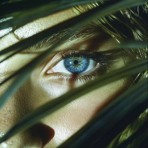 Close-Up of Blue Eye Peeking Through Tropical Leaves