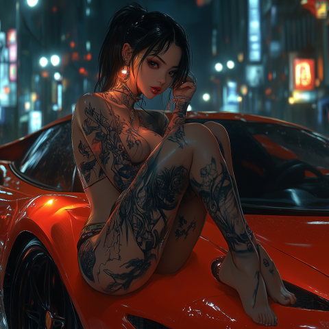 Tattooed Woman Sitting on a Sports Car in Neon-Lit City Night