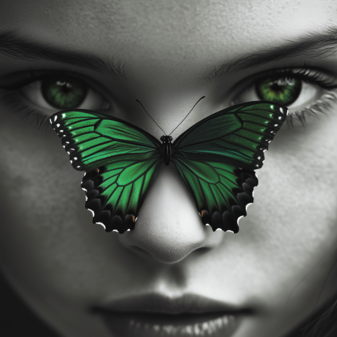 Mesmerizing Green Butterfly on a Woman's Face - Surreal Beauty