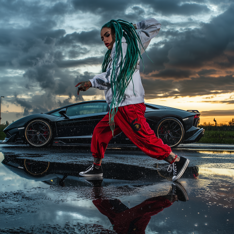 Urban Dance in Motion with Luxury Sports Car and Stormy Sky