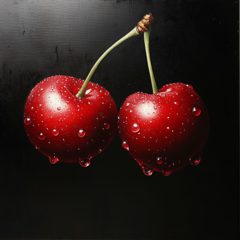 Two Fresh Cherries with Water Droplets Against a Black Background