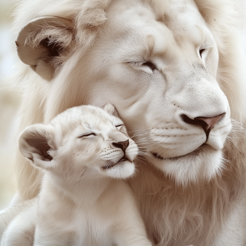 Tender Moment Between White Lion and Cub