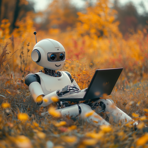 Friendly Robot Working on a Laptop in an Autumn Meadow