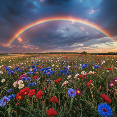 Rainbow Over a Wildflower Meadow at Sunset