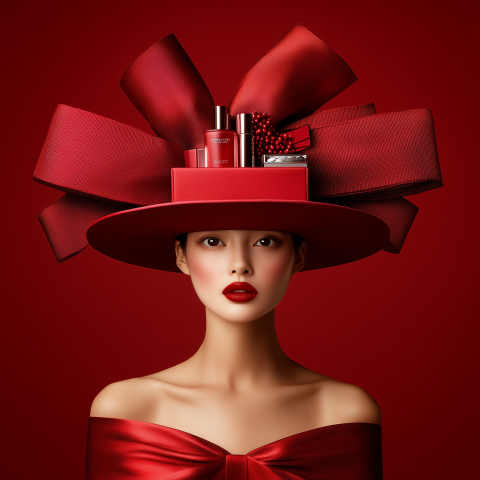 Stylish Woman in Red with Elaborate Hat and Luxury Accessories