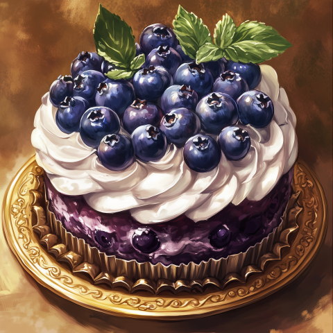 Blueberry Cake with Whipped Cream and Mint Garnish on a Golden Plate