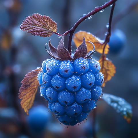 Macro Close-Up of a Dew-Covered Blue Raspberry on the Vine