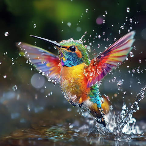 Vibrant Hummingbird Splashes in Water with Outstretched Wings