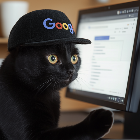 Black Cat Wearing Google Hat While Using a Computer