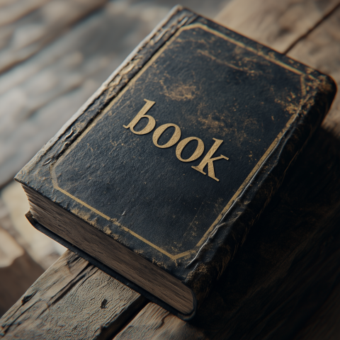 Vintage Leather Bound Book with Gold Lettering on Wooden Surface